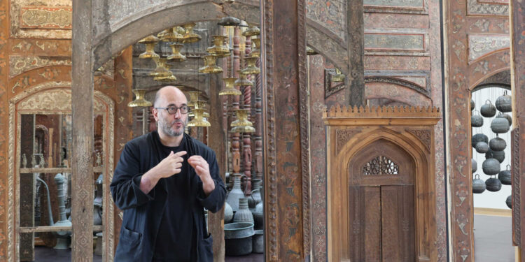 A visitor tours the Nuhad Es-Said Pavilion for Culture at the National Museum of Beirut on November 7, 2024. The pavilion has chosen to open its doors to the public and provide a an environment of hope for all those wishing to discover its space dedicated to art and culture, amid the ongoing war between Israel and Lebanon's Hezbollah group. (Photo by Anwar AMRO / AFP)