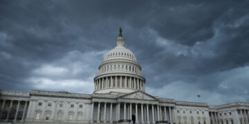 WASHINGTON, DC - JULY 25: Thunderstorm clouds roll over the U.S. Capitol on July 25, 2022 in Washington, DC. The storms prevented many members of Congress from returning to the capital on Monday, forcing the Senate to postpone a procedural vote on the so-called CHIPS+ Act, which would give $39 billion to subsidize the construction of semiconductor factories in the U.S. and $11 billion for research and development initiatives into microprocessor innovation. (Photo by Chip Somodevilla/Getty Images)