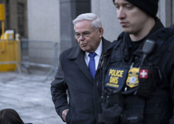 NEW YORK, UNITED STATES - JANUARY 29: Former U.S. senator Bob Menendez leaves Manhattan Federal Court after his sentencing in bribery conviction in New York, United States on January 29, 2025. Former US Senator Bob Menendez was sentenced to 11 years in federal prison on bribery, extortion and corruption charges (Photo by Mostafa Bassim/Anadolu via Getty Images)